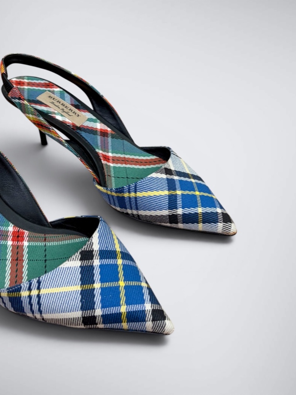 Burberry Mixed Tartan Plaid Slingback Pumps | Pointed Toe Kitten Heels - Picture 2 of 8